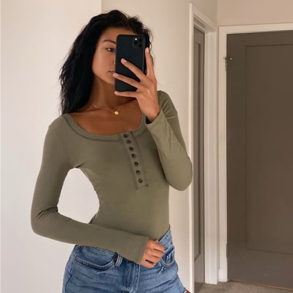 Simply the Best Olive Green Long Sleeve Button-Front Bodysuit